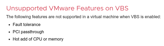 Unsupported VMware Features on VBS